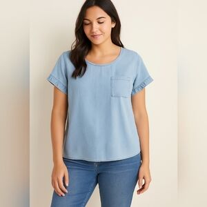 J Jill Denim Chambray Blue S/S Pocket Top XL Tencel Linen Blend Preppy Casual
